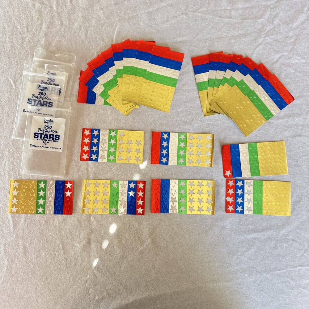 Vintage 80s 90s Lot Eureka Presto-Stick Foil Star Stickers 1/2" USA Gold Multi